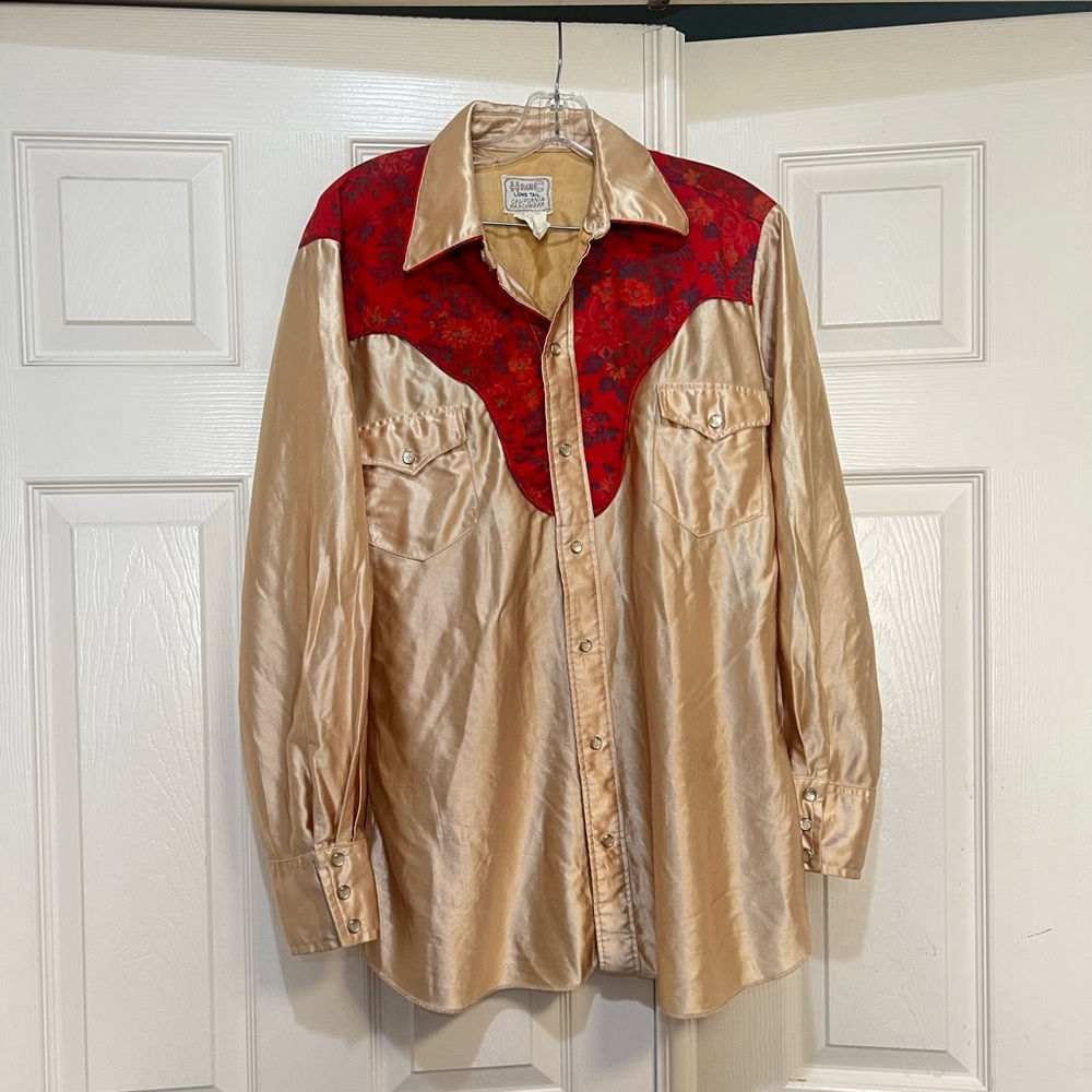Rare 1950s H Bar C California Ranchwear Bright‎ Gold Red Western Shirt Large